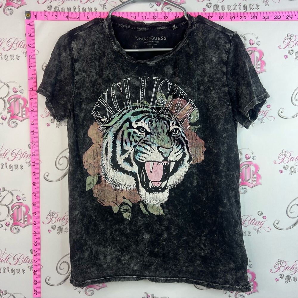 Guess Black Acid-Wash Tee with Multicolor Tiger Graphic